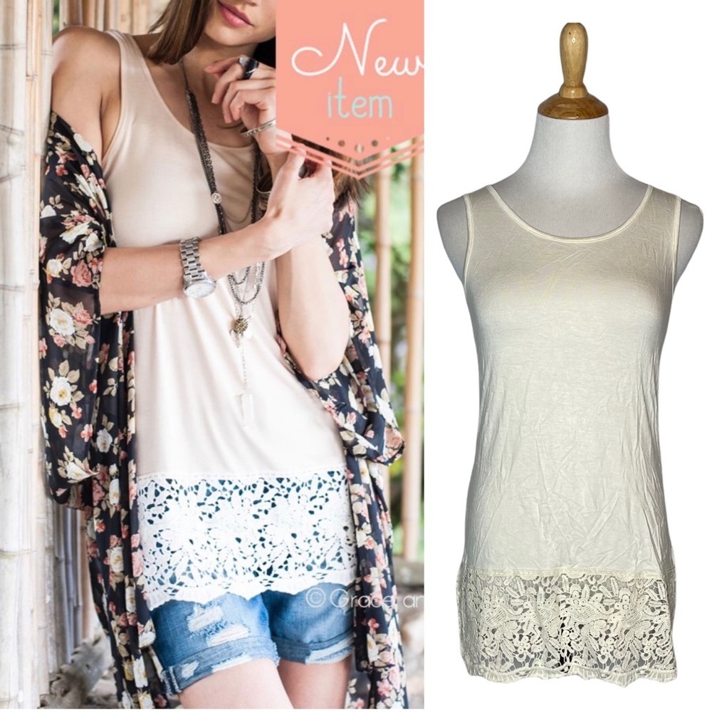 NWT Grace and Lace Off White Crewneck Tank Extender W/Lace Trim xs